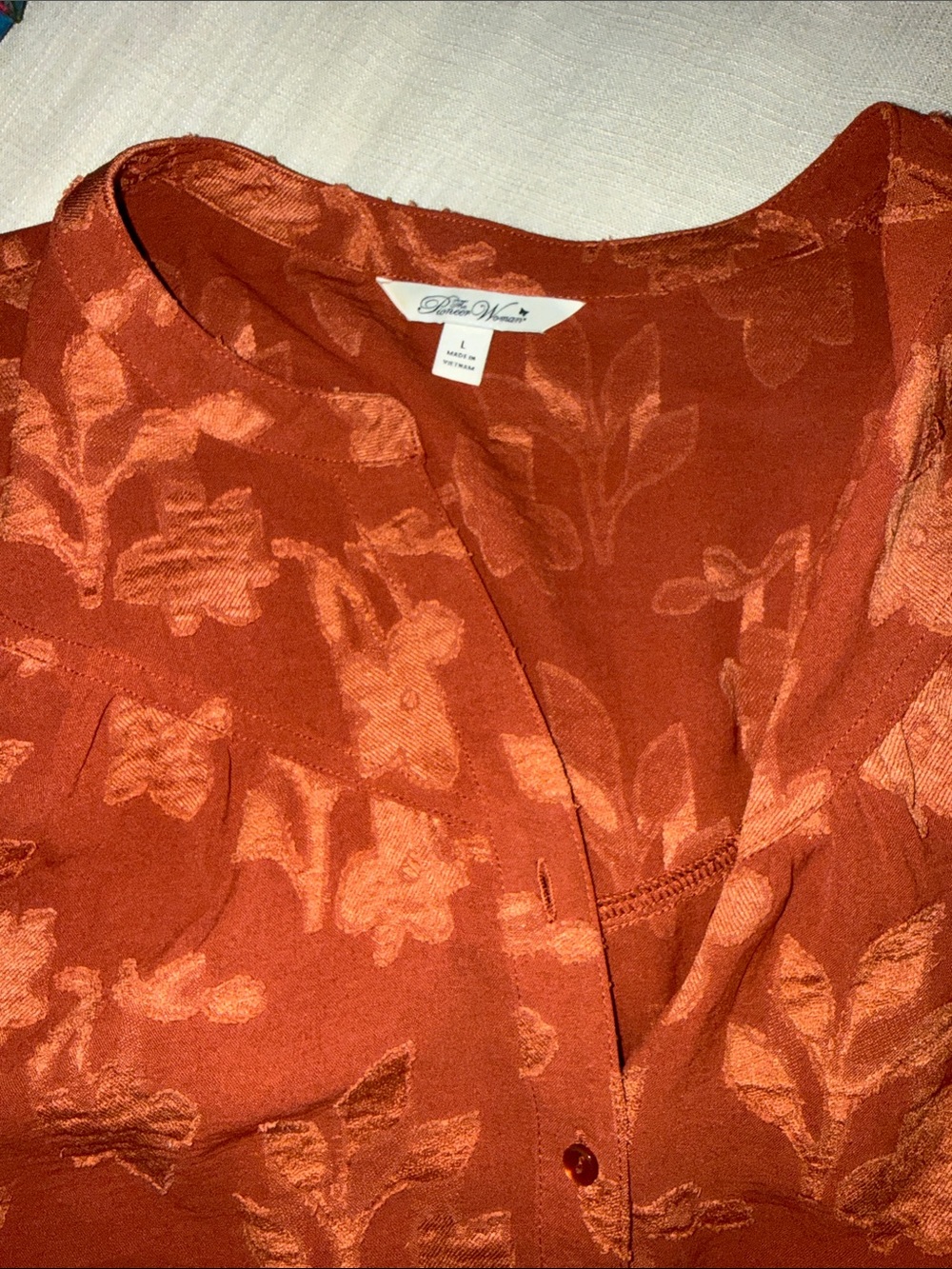 The Pioneer Woman Burnt Orange Floral Jacquard Button-Front Blouse - Picture 2 of 3